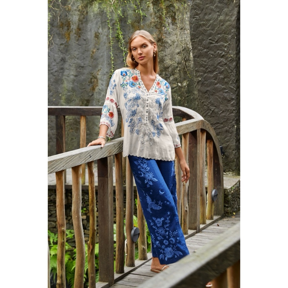 Johnny Was JW Los Angeles Oleander Linen Wide Leg Cropped Pants Embroidered Sz 6 - Picture 14 of 14